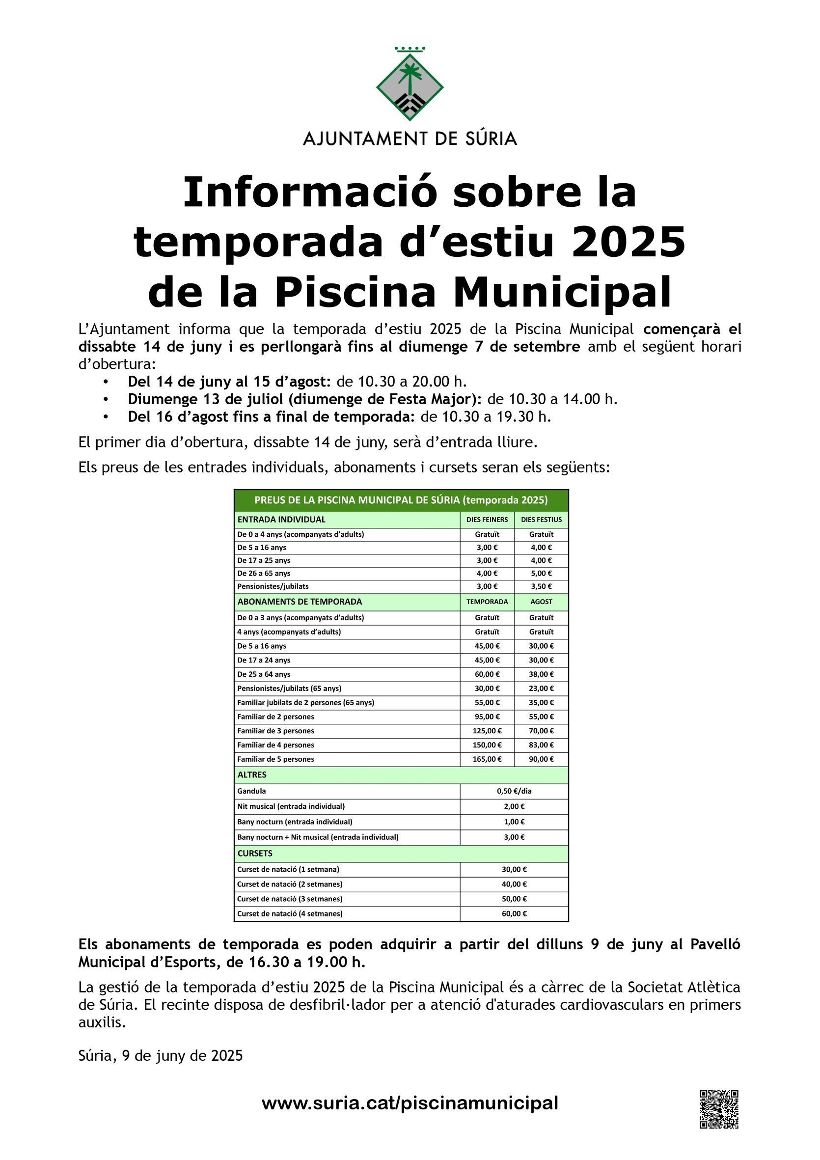 Avís sobre la temporada d'estiu 2025 de la Piscina Municipal.