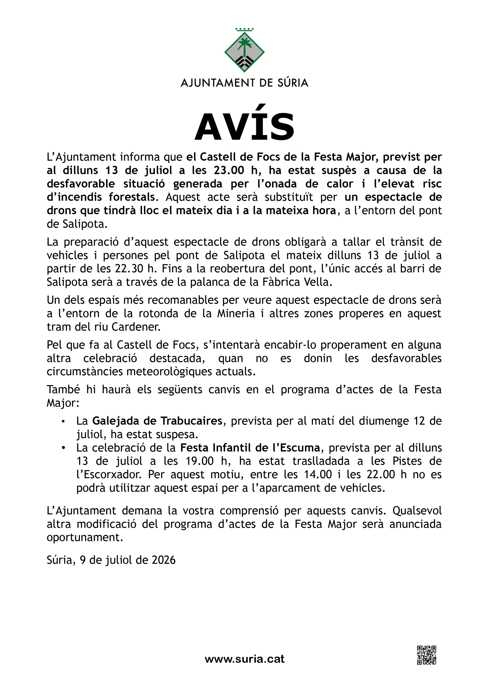 Av&iacute;s sobre el Castell de Focs i altres actes de la Festa Major - Dijous 9 de juliol.