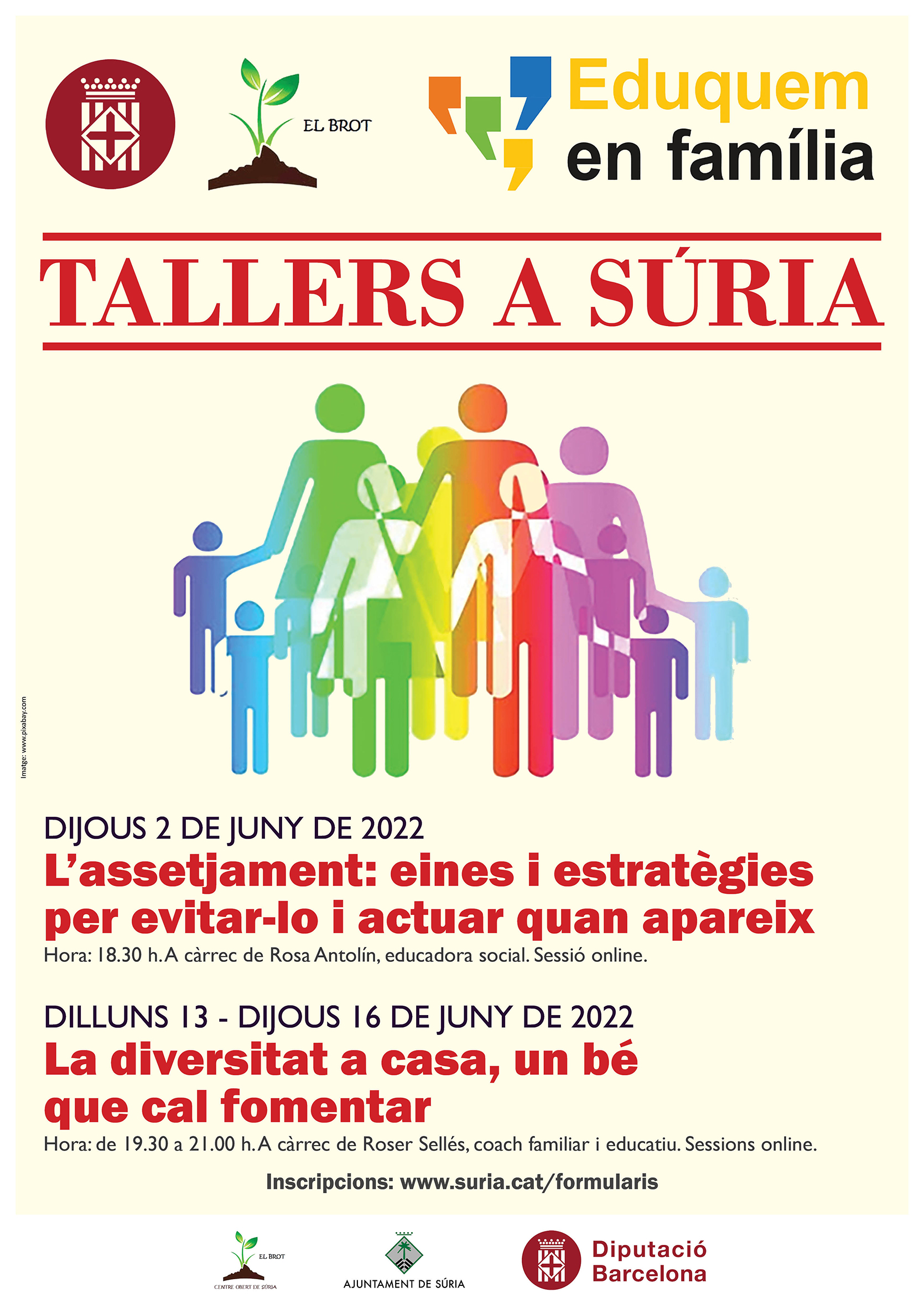 Cartells dels tallers 'Eduquem en família' a Súria - Dies 2, 13 i 16 de juny.