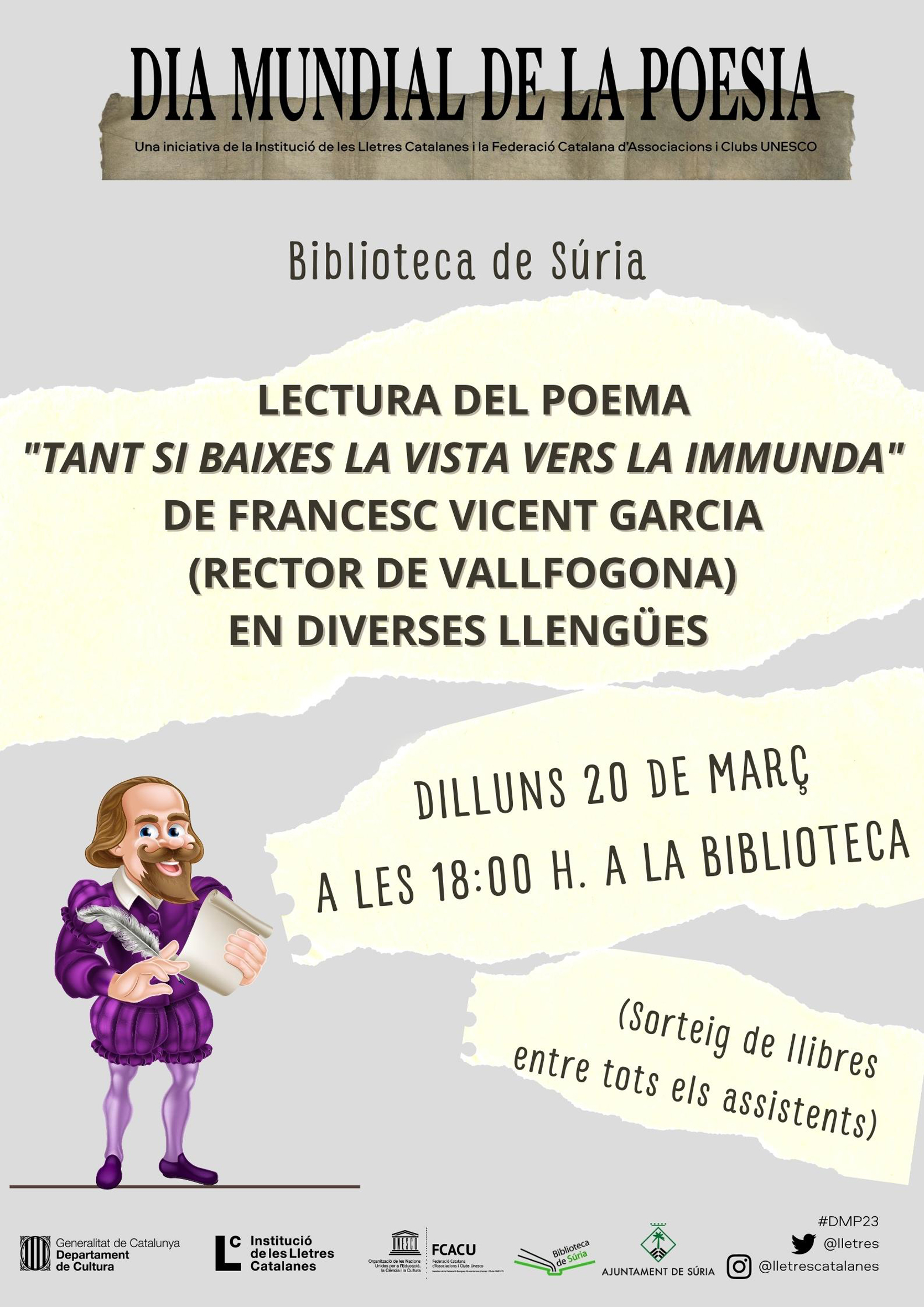 Cartell de l'acte de lectura de poema en diverses llengües, dins del programa del Dia Mundial de la Poesia - Dilluns 20 de març.