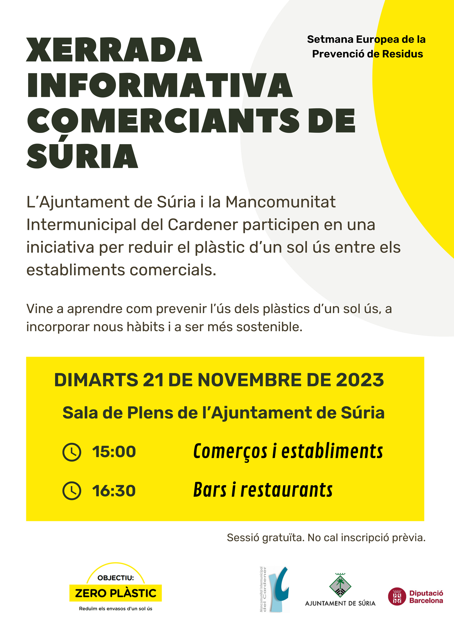 Cartell de la xerrada de la Setmana Europea de la Prevenció de Residus, adreçada als sectors del comerç i la restauració - Dimarts 21 de novembre.