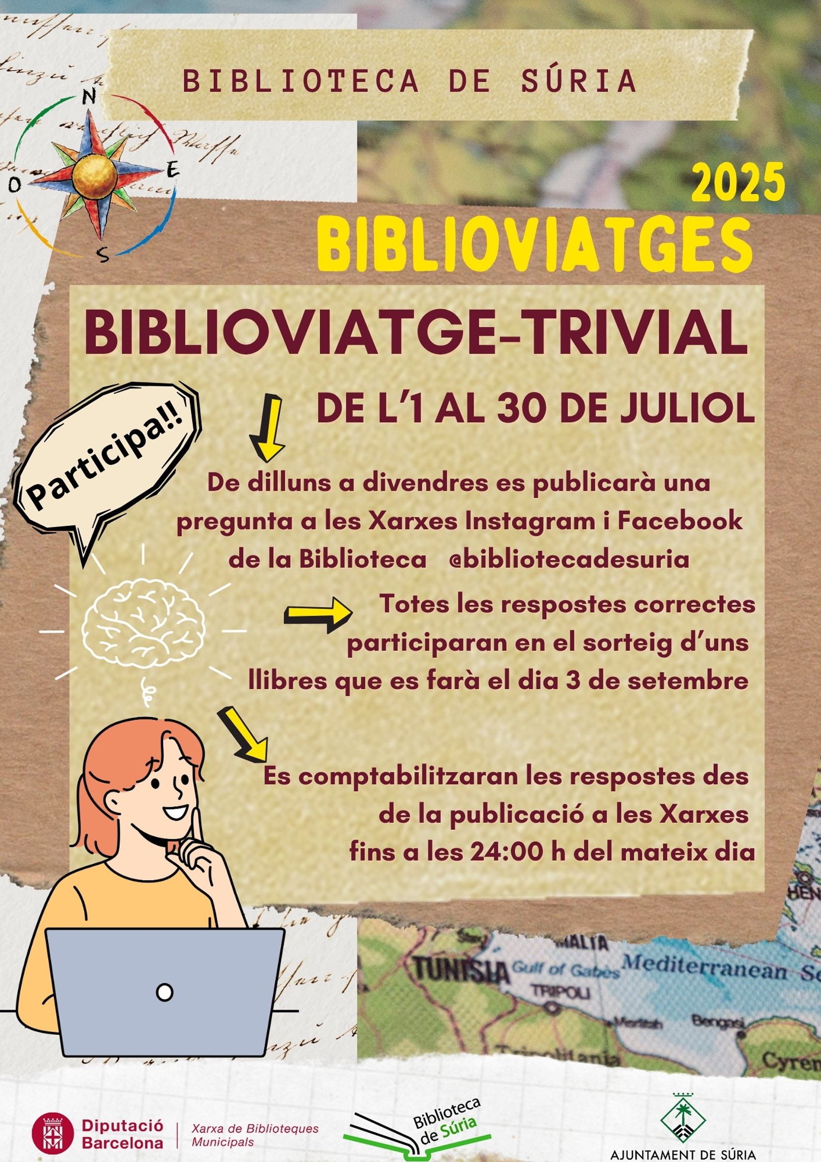 Cartell de l'activitat 'Biblioviatge-Trivial' a la Biblioteca Pública - De l'1 al 30 de juliol.