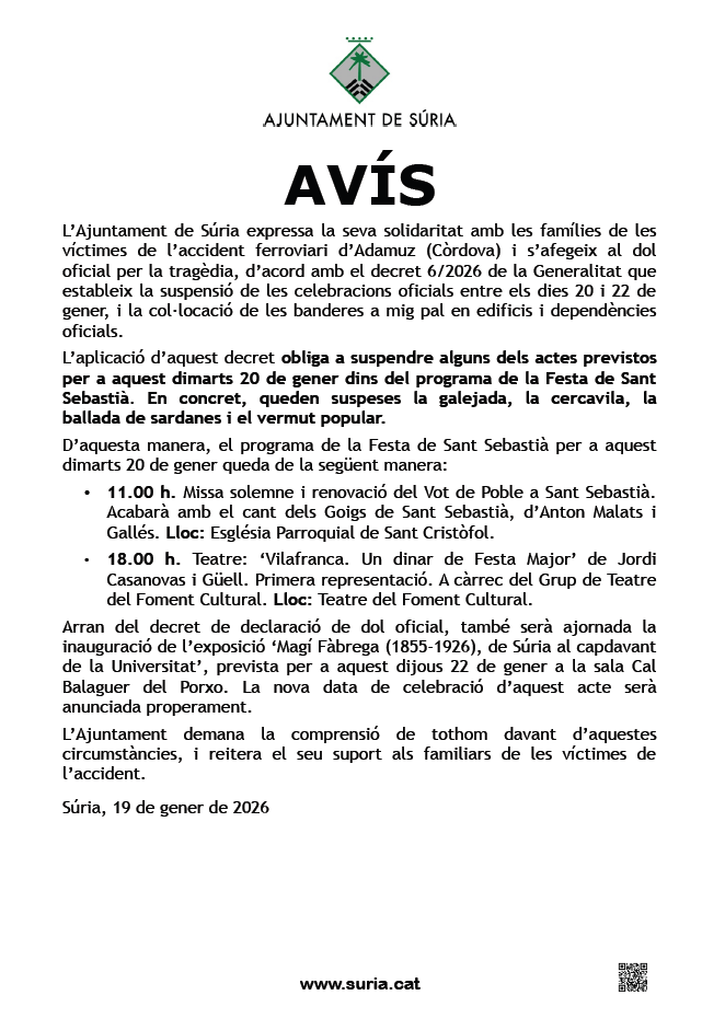 Av&iacute;s sobre la suspensi&oacute; d'actes de la Festa de Sant Sebasti&agrave;.