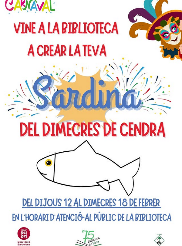 Cartell de l'activitat 'Vine a la Biblioteca a crear la teva sardina del Dimecres de Cendra' - Del 12 al 18 de febrer.