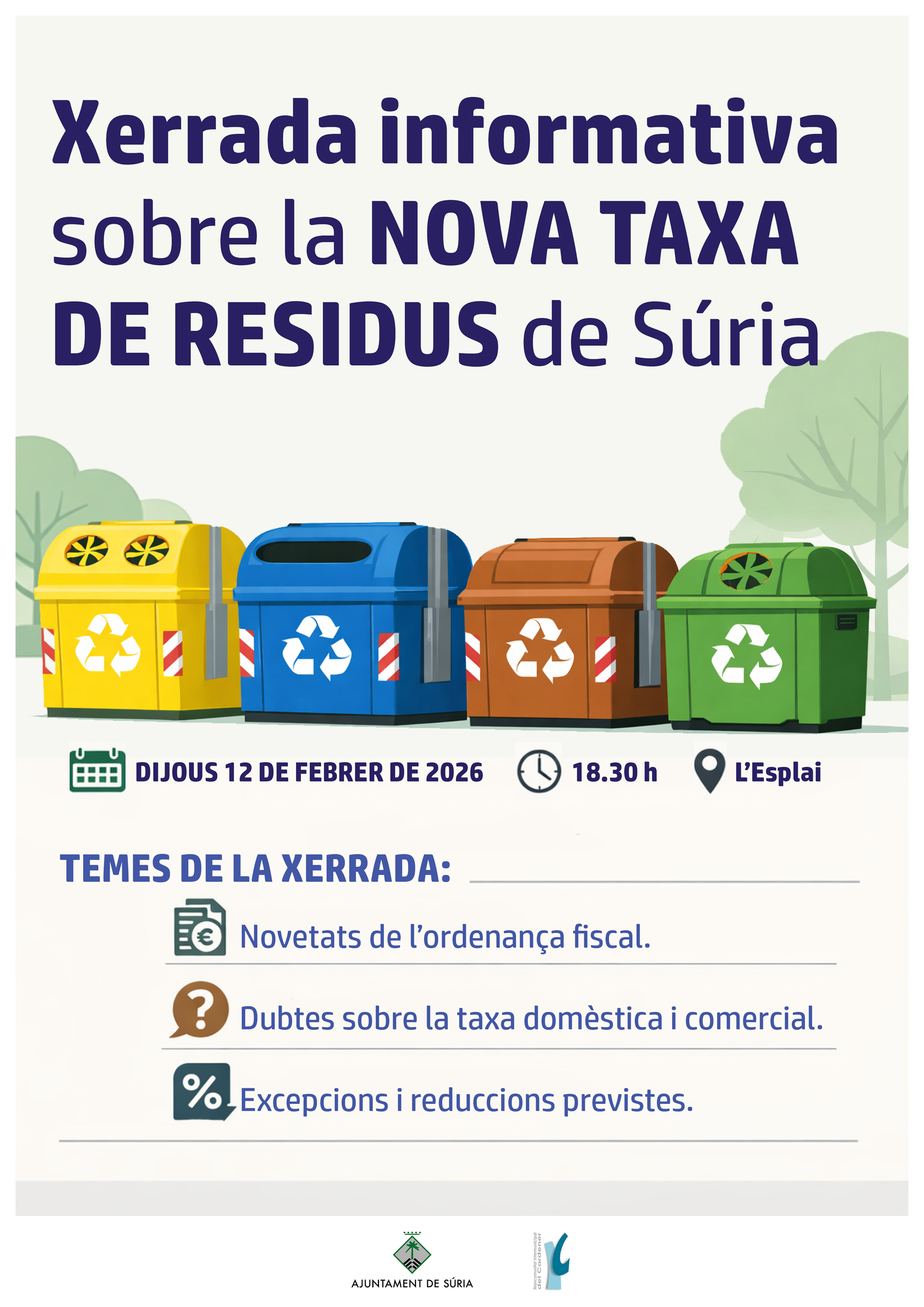 Cartell de la xerrada informativa sobre la nova taxa de residus de S&uacute;ria - Dijous 12 de febrer.