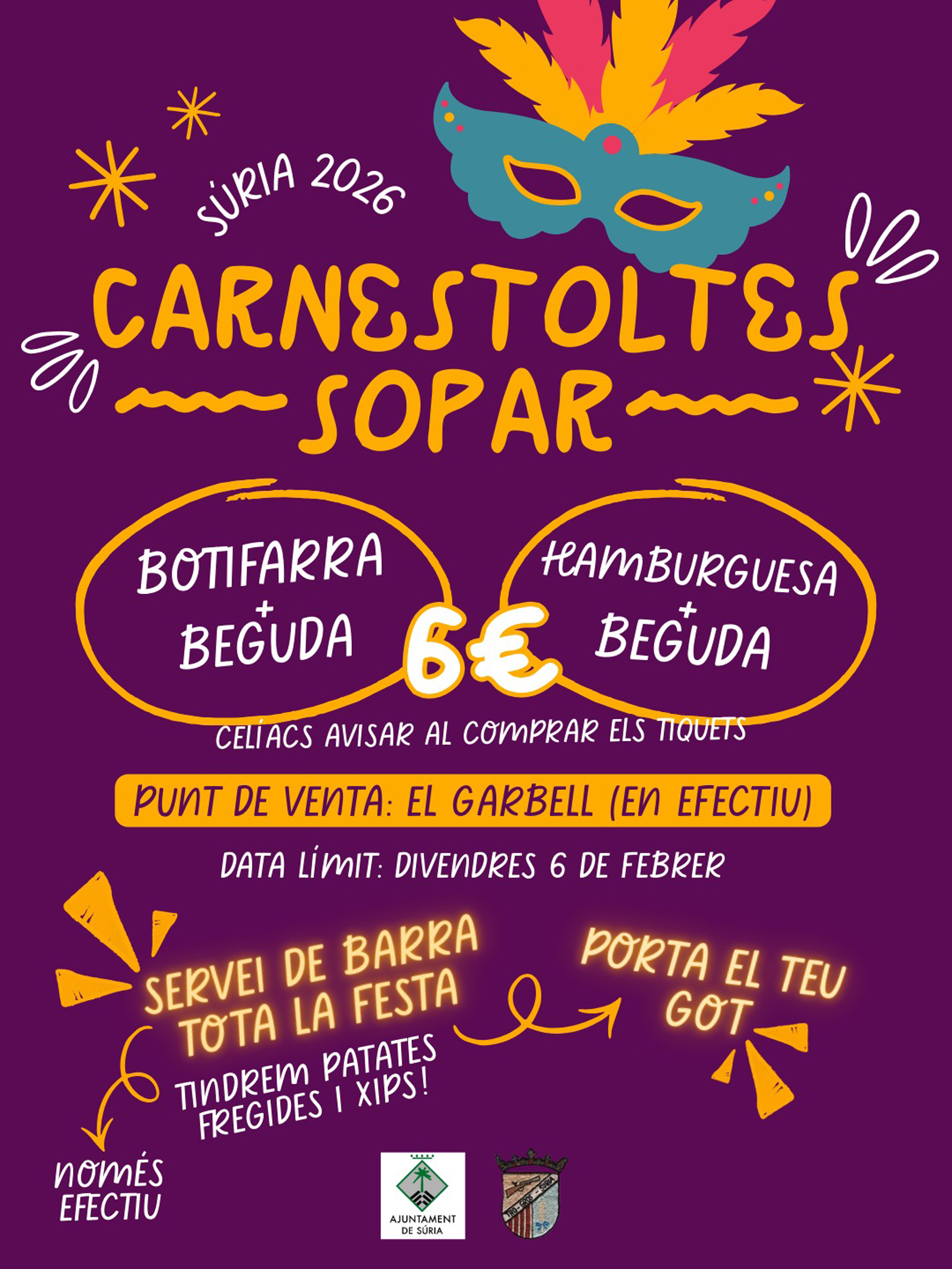 Cartell del sopar del Carnestoltes - Dissabte 14 de febrer.