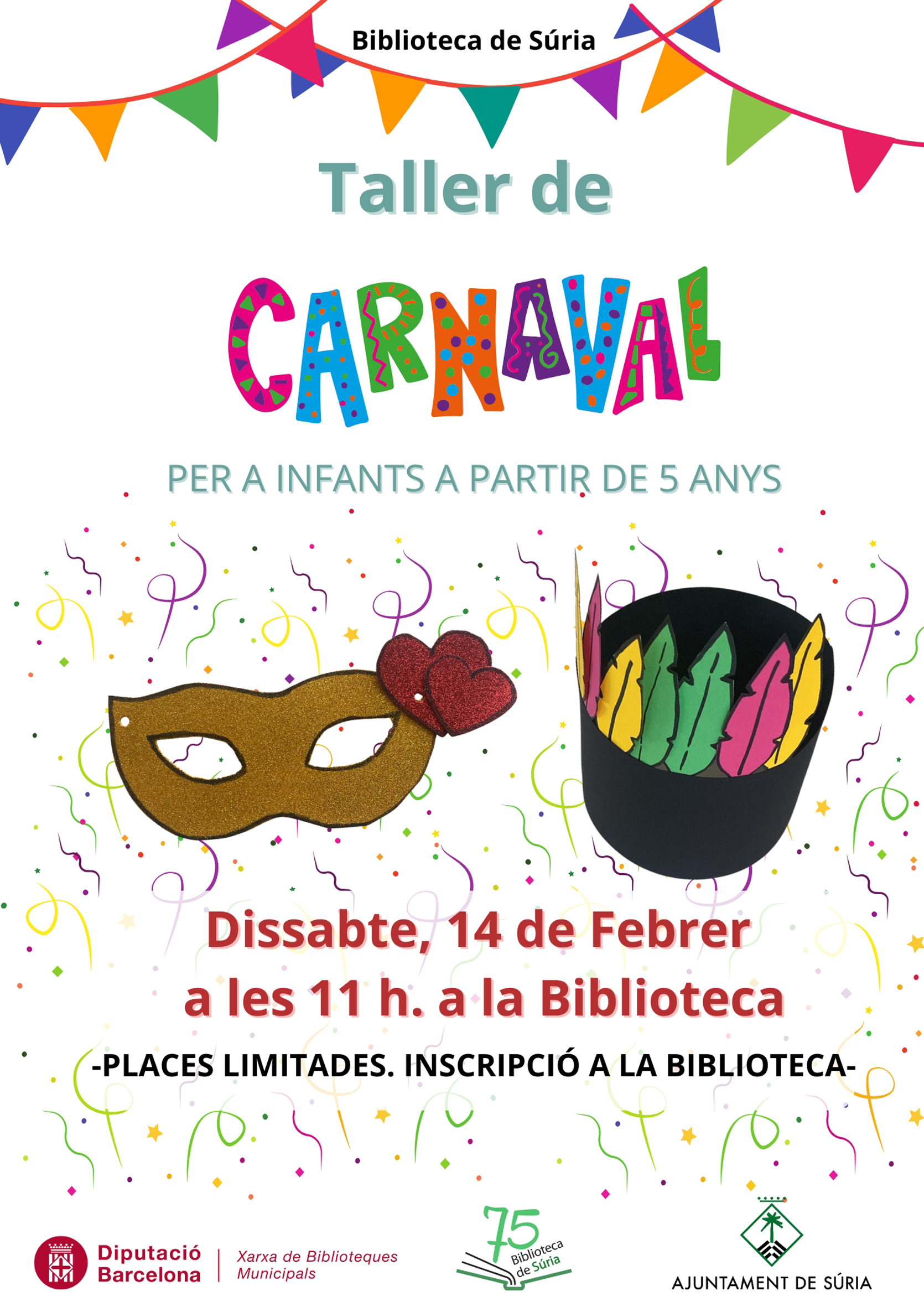 Cartell del taller de Carnaval a la Biblioteca P&uacute;blica - Dissabte 14 de febrer.