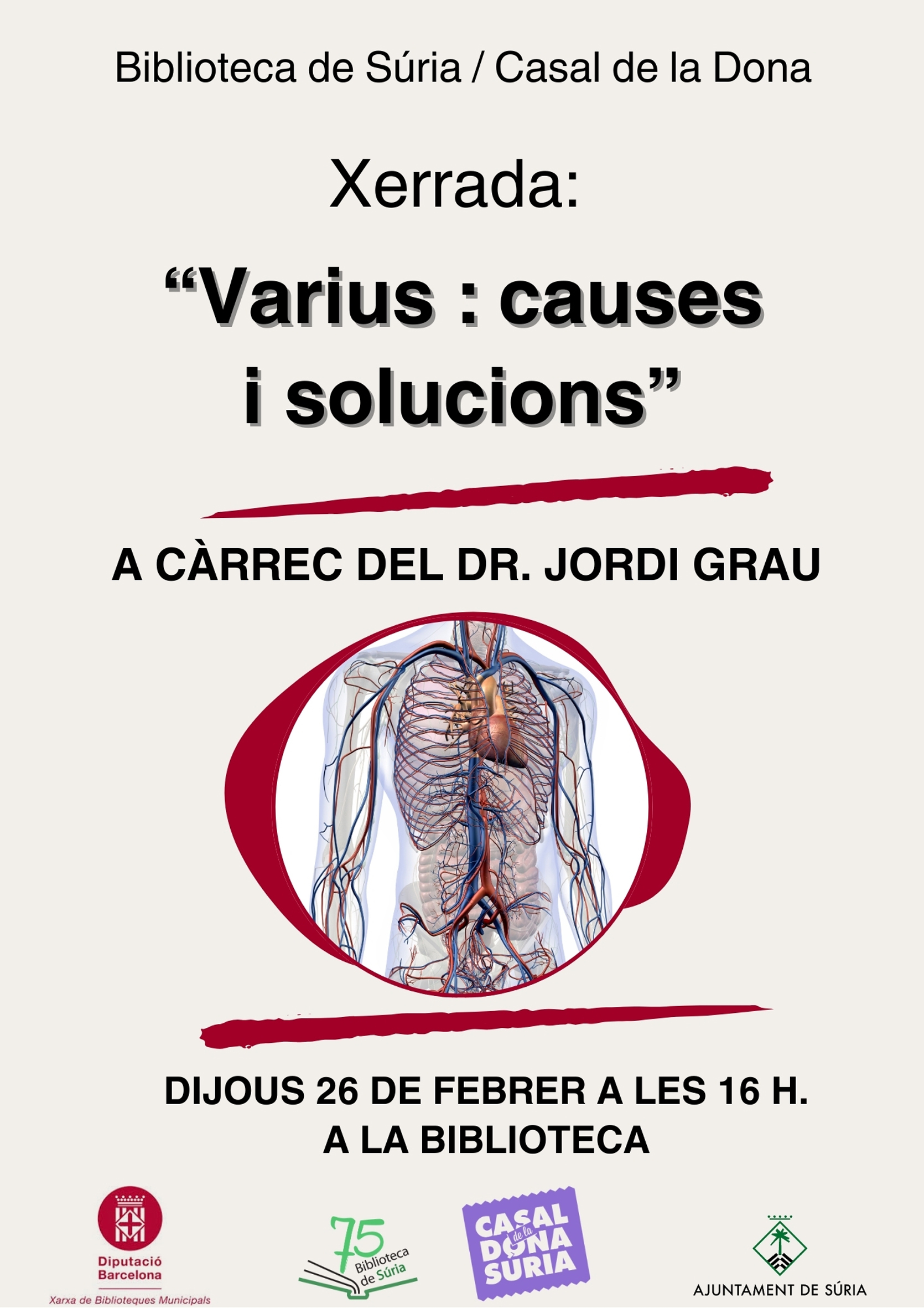 Cartell de la xerrada sobre varius, a la Biblioteca P&uacute;blica - Dijous 26 de febrer.