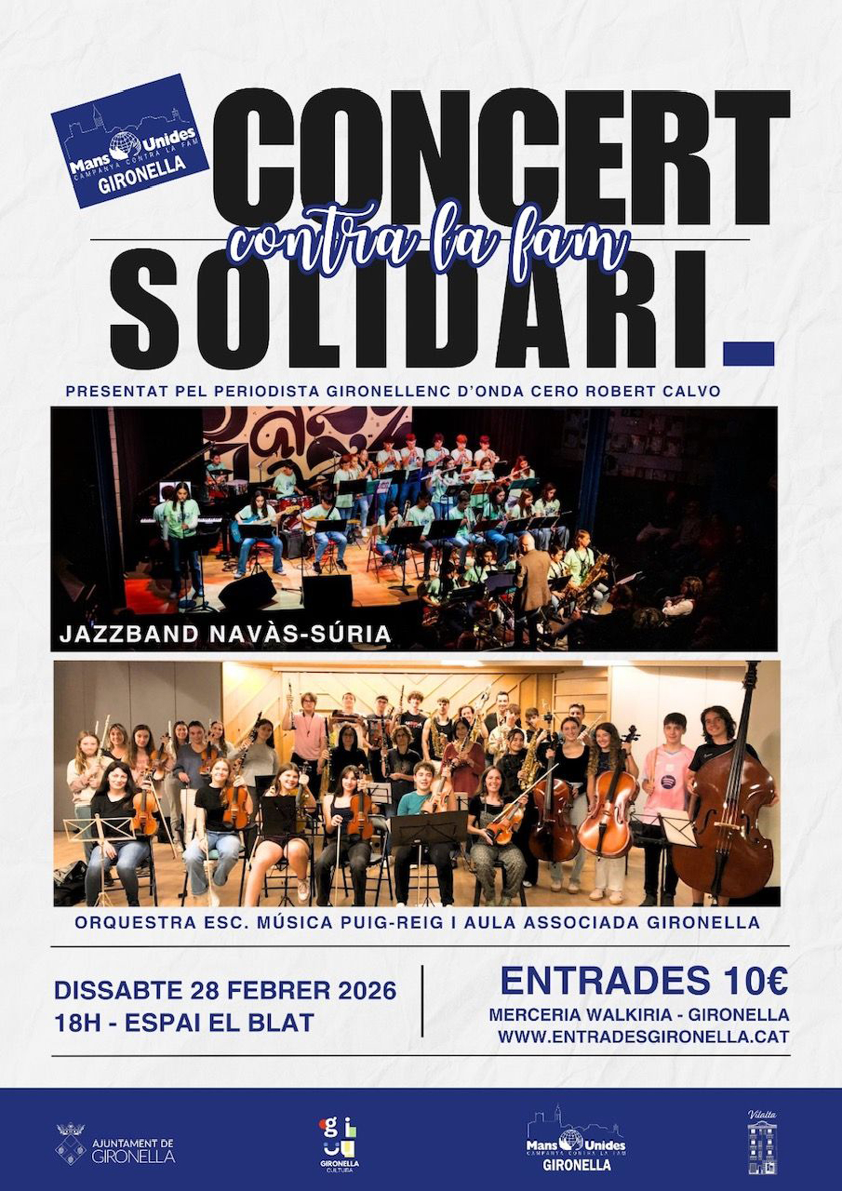 Cartell del concert solidari a Gironella contra la fam - Dissabte 28 de febrer.