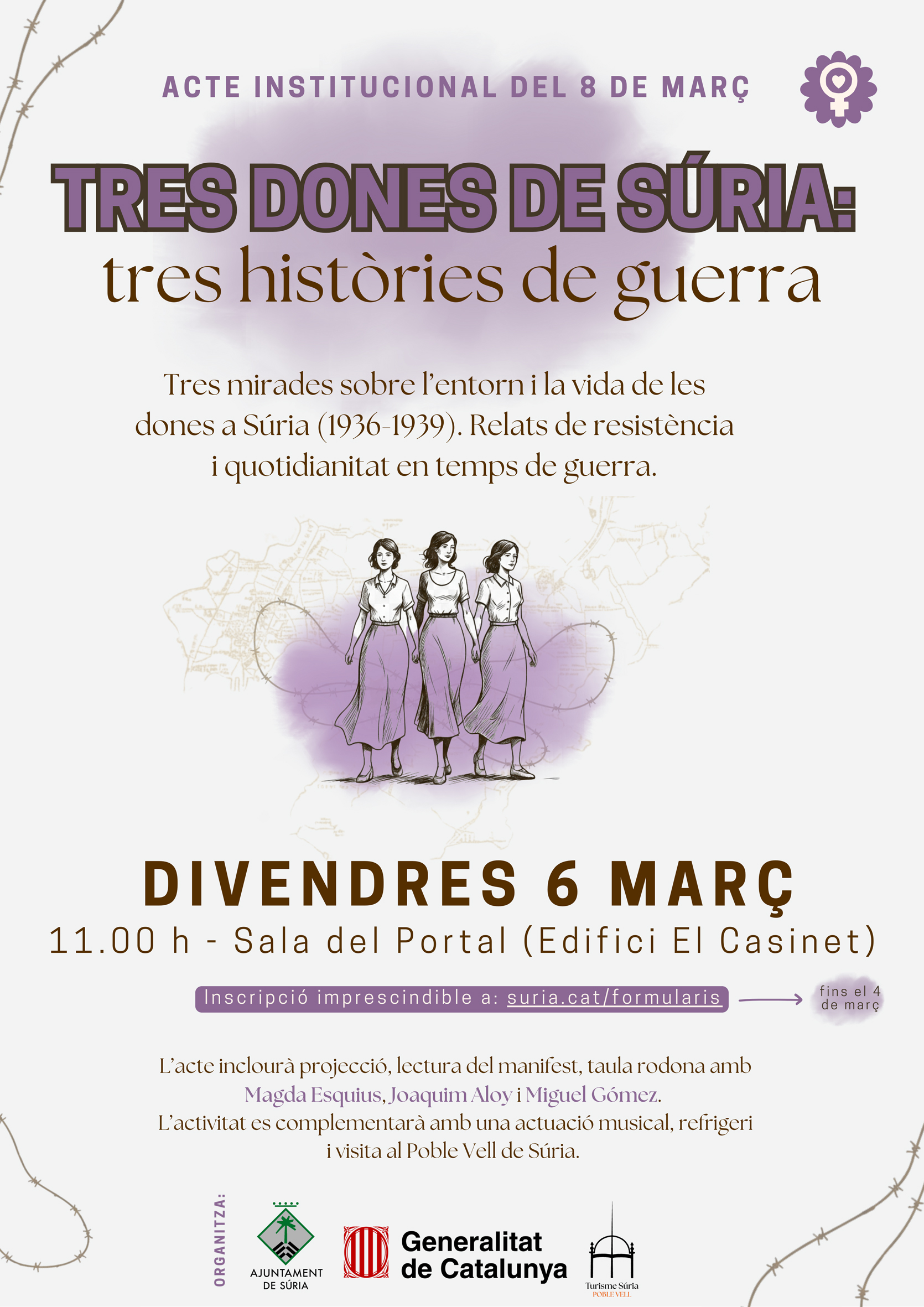 Cartell de l'acte institucional del 8-M: 'Tres dones de S&uacute;ria: tres hist&ograve;ries de guerra' - Divendres 6 de mar&ccedil;.