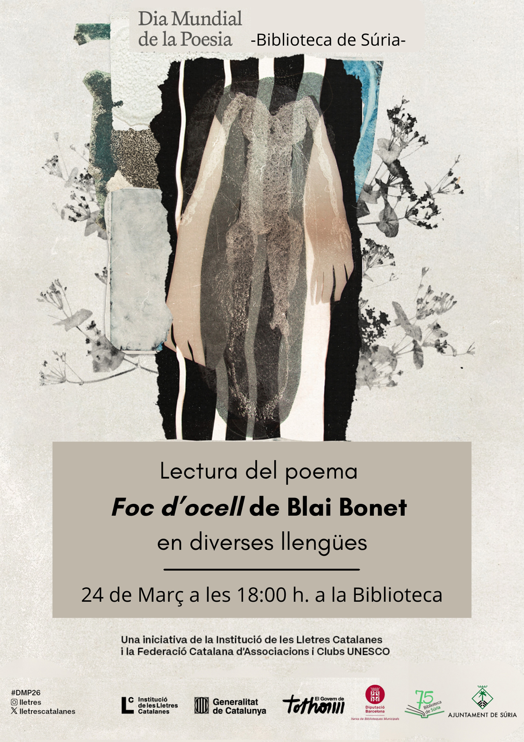 Cartell de l'acte commemoratiu del Dia Mundial de la Poesia a la Biblioteca P&uacute;blica - Dimarts 24 de mar&ccedil;.