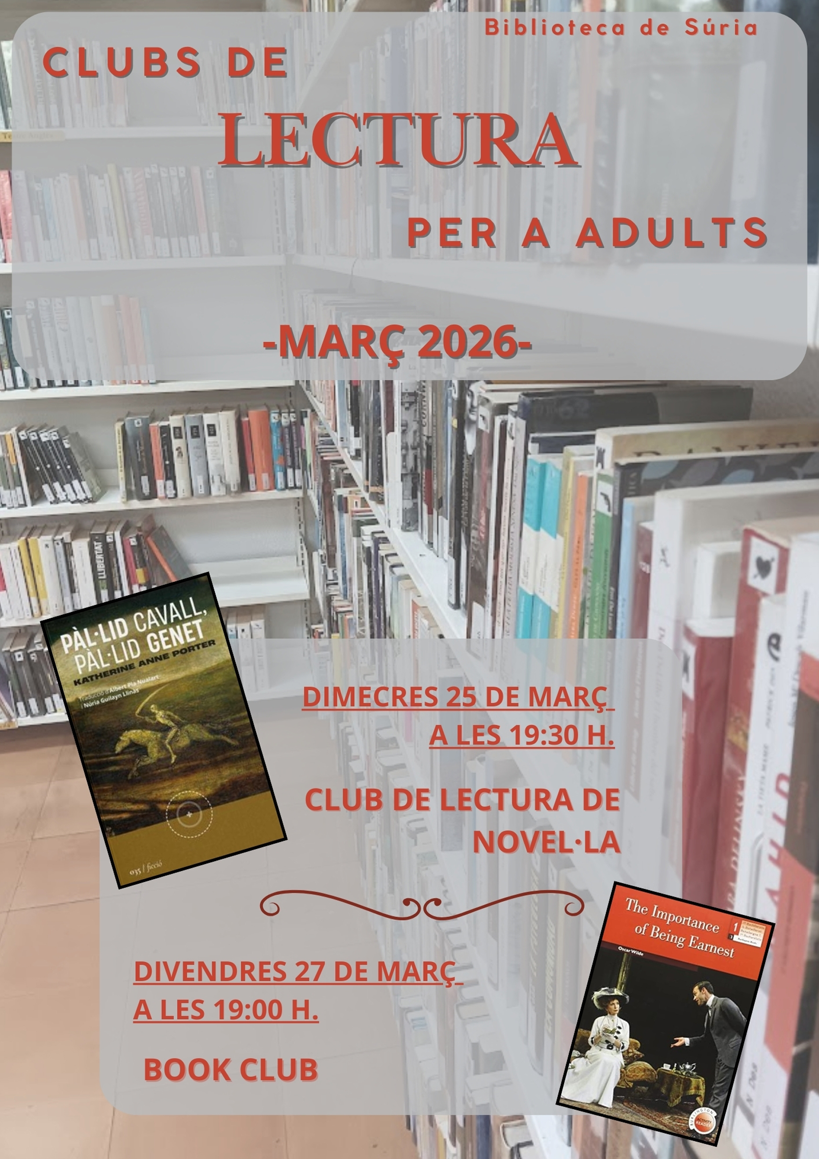 Cartell de les activitats dels clubs de lectura per a adults de la Biblioteca P&uacute;blica - Mar&ccedil; de 2026.