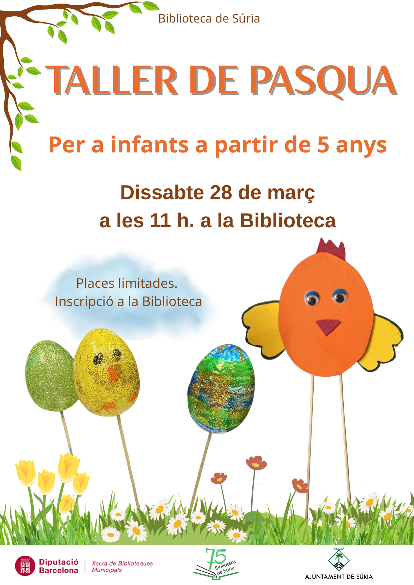 Cartell del taller de Pasqua a la Biblioteca P&uacute;blica - Dissabte 28 de mar&ccedil;.