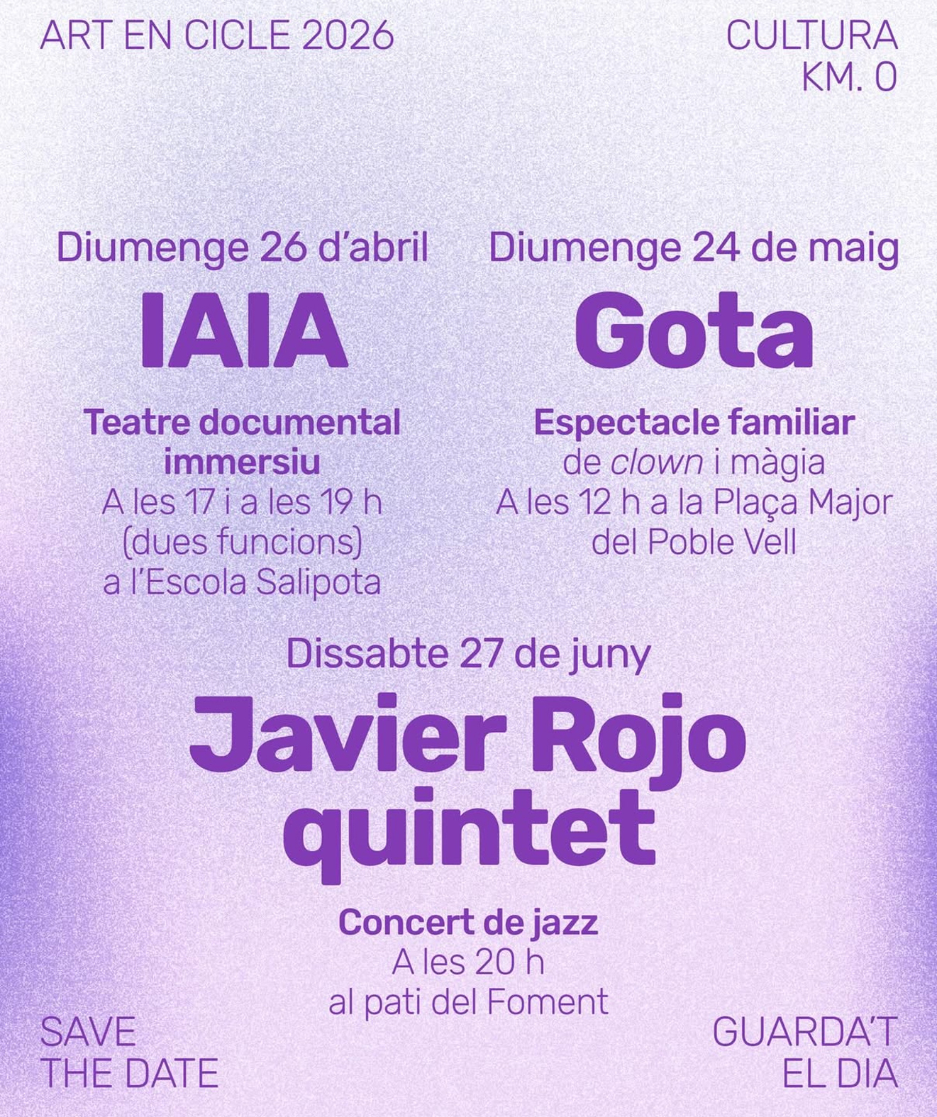 Programa del 9&egrave; Festival Art en Cicle - Dies 26 d'abril, 24 de maig i 27 de juny.