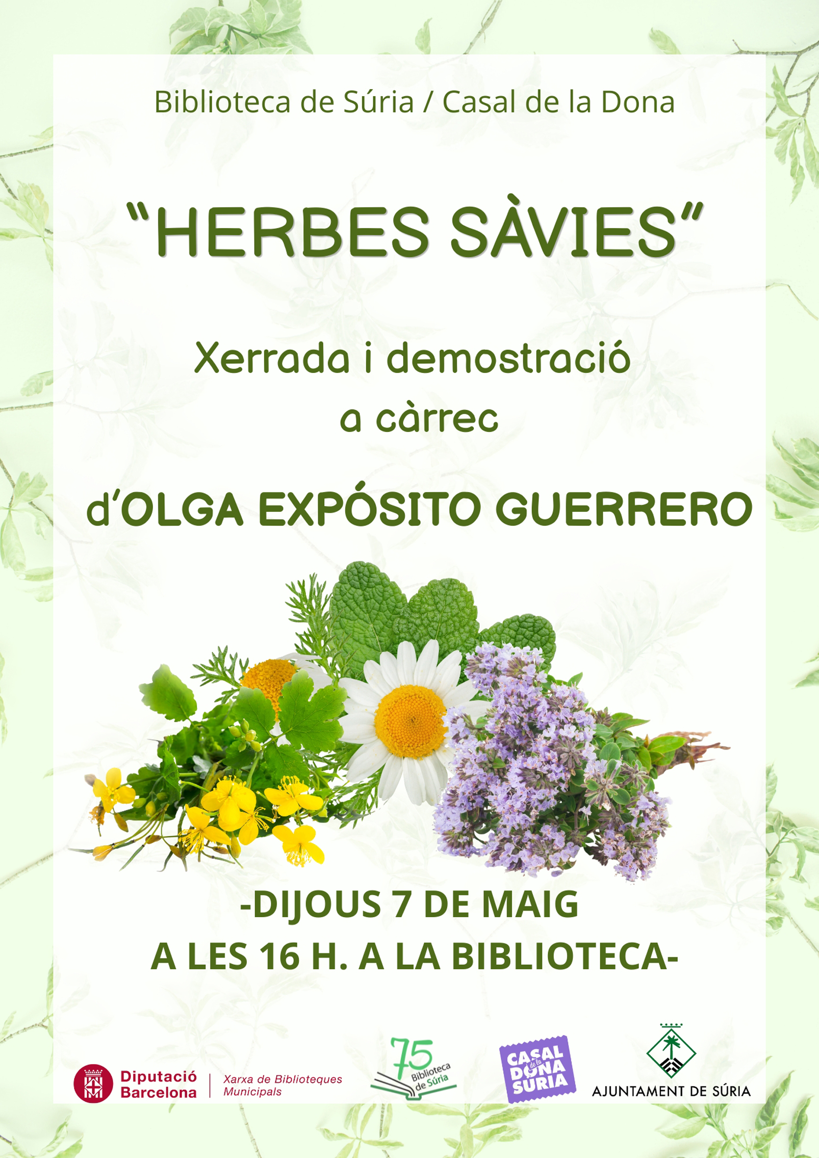 Cartell de la xerrada 'Herbes s&agrave;vies' a la Biblioteca P&uacute;blica - Dijous 7 de maig.