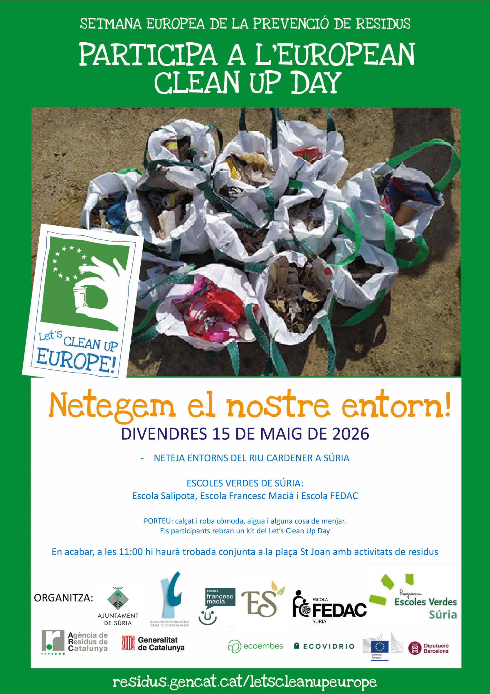 Cartell de la jornada de neteja de l'entorn, a c&agrave;rrec de les Escoles Verdes - Divendres 15 de maig.