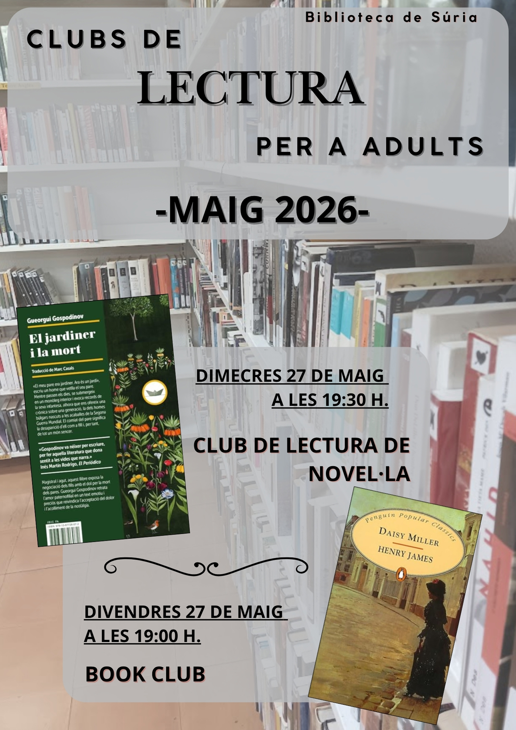 Cartell de les activitats dels Clubs de Lectura de la Biblioteca per a adults - Maig de 2026.