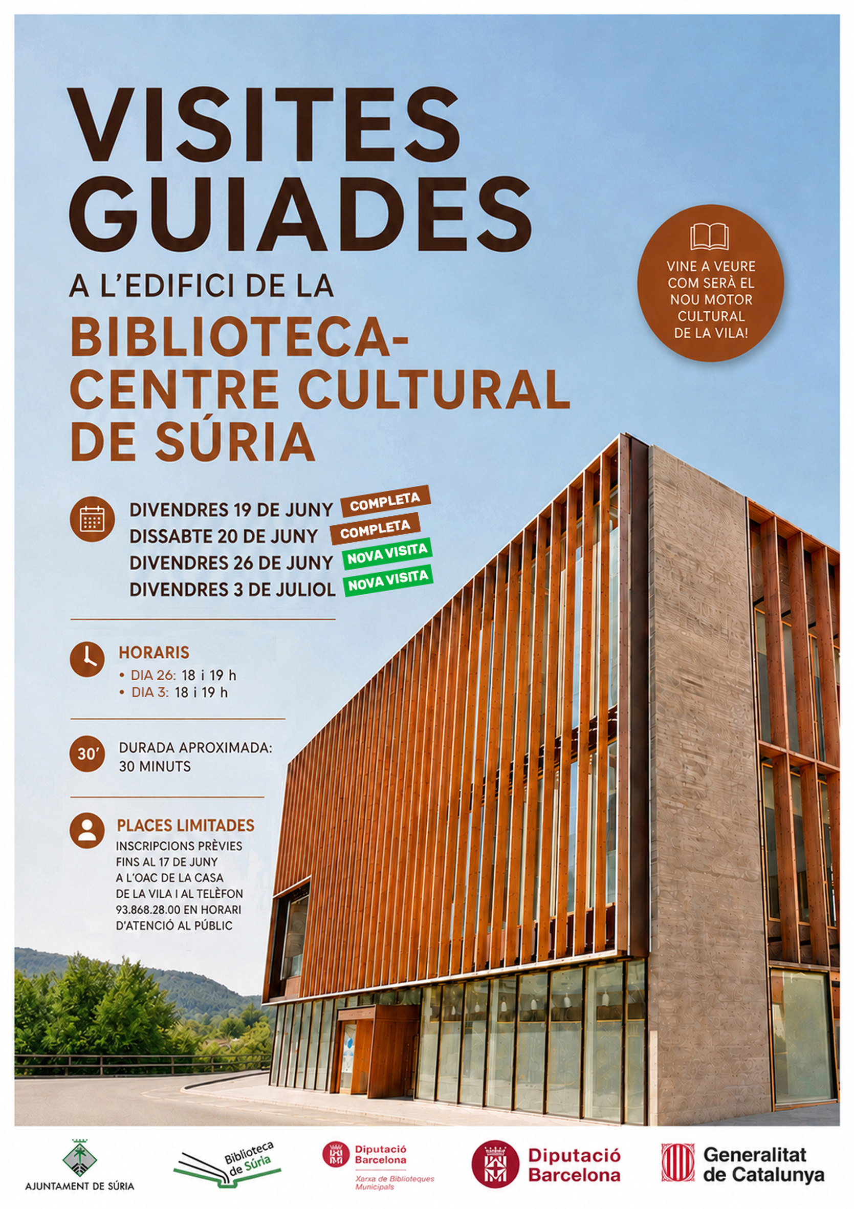 Cartell de les visites guiades a l'edifici de la futura Biblioteca-Centre Cultural - Dies 19, 20 i 26 de juny, i 3 de juliol.