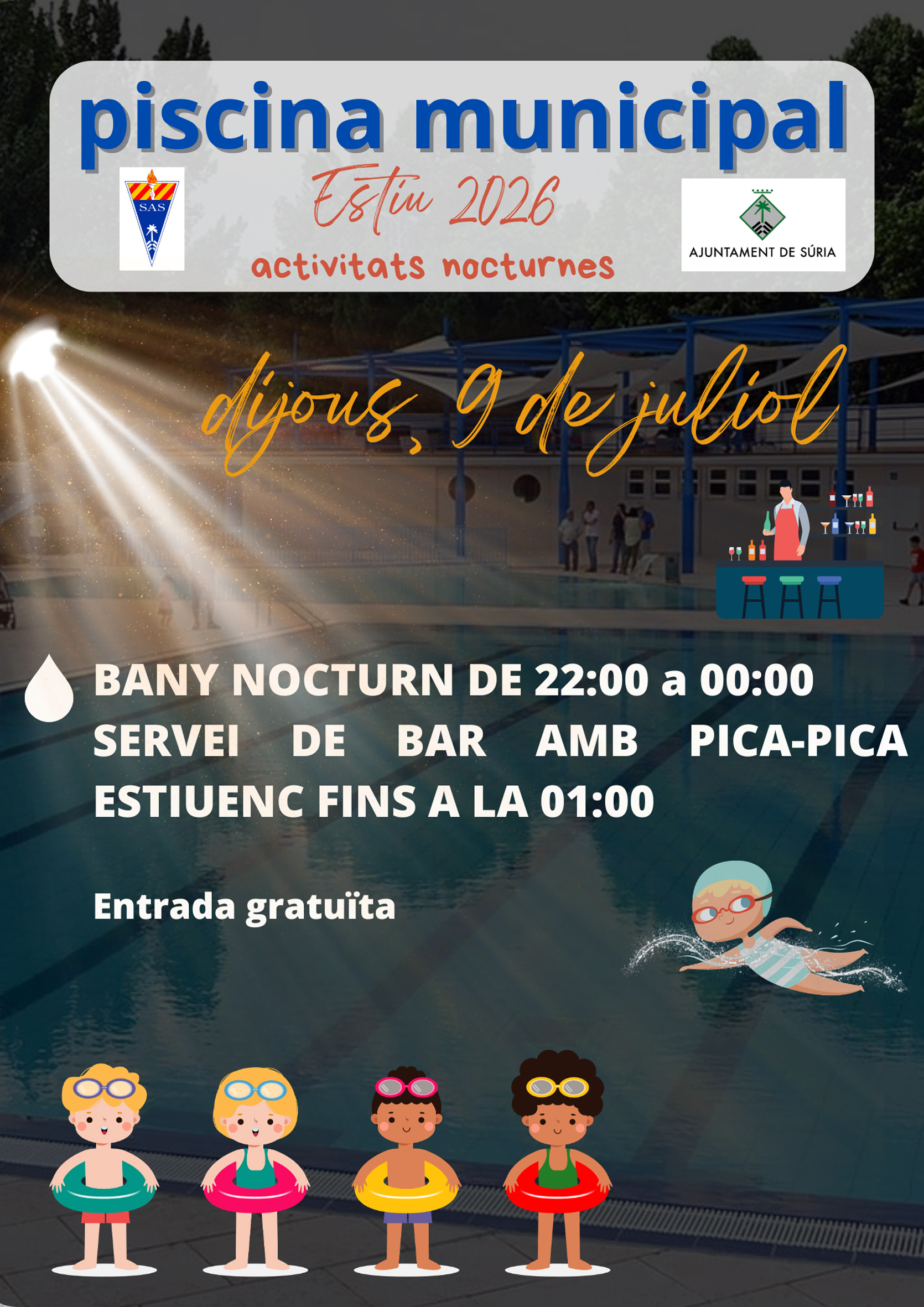 Cartell del Bany Nocturn a la Piscina - Dijous 9 de juliol.