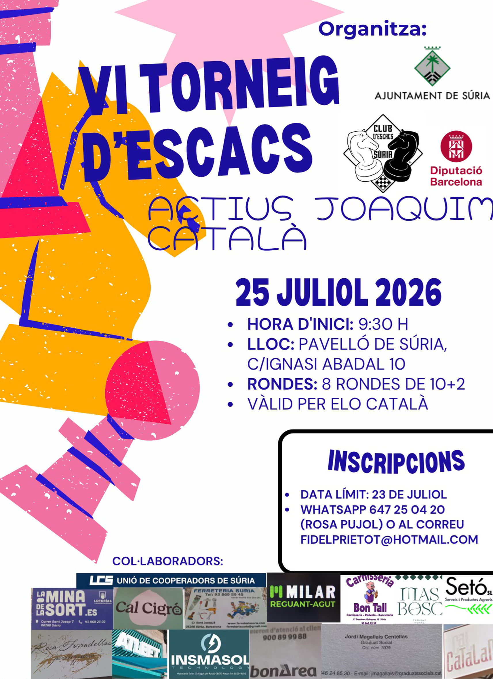Cartell del 6&egrave; Torneig d'Escacs Actius Joaquim Catal&agrave; - Dissabte 25 de juliol.