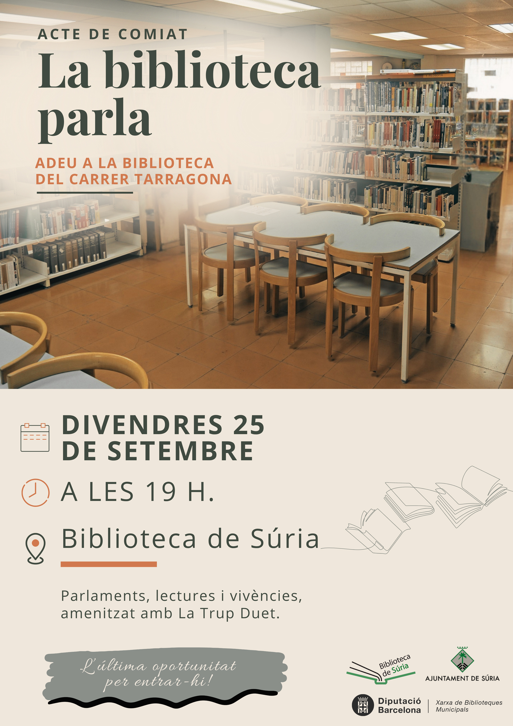 Cartell de l'acte de comiat a les instal&middot;lacions de la Biblioteca al carrer Tarragona - Divendres 25 de setembre