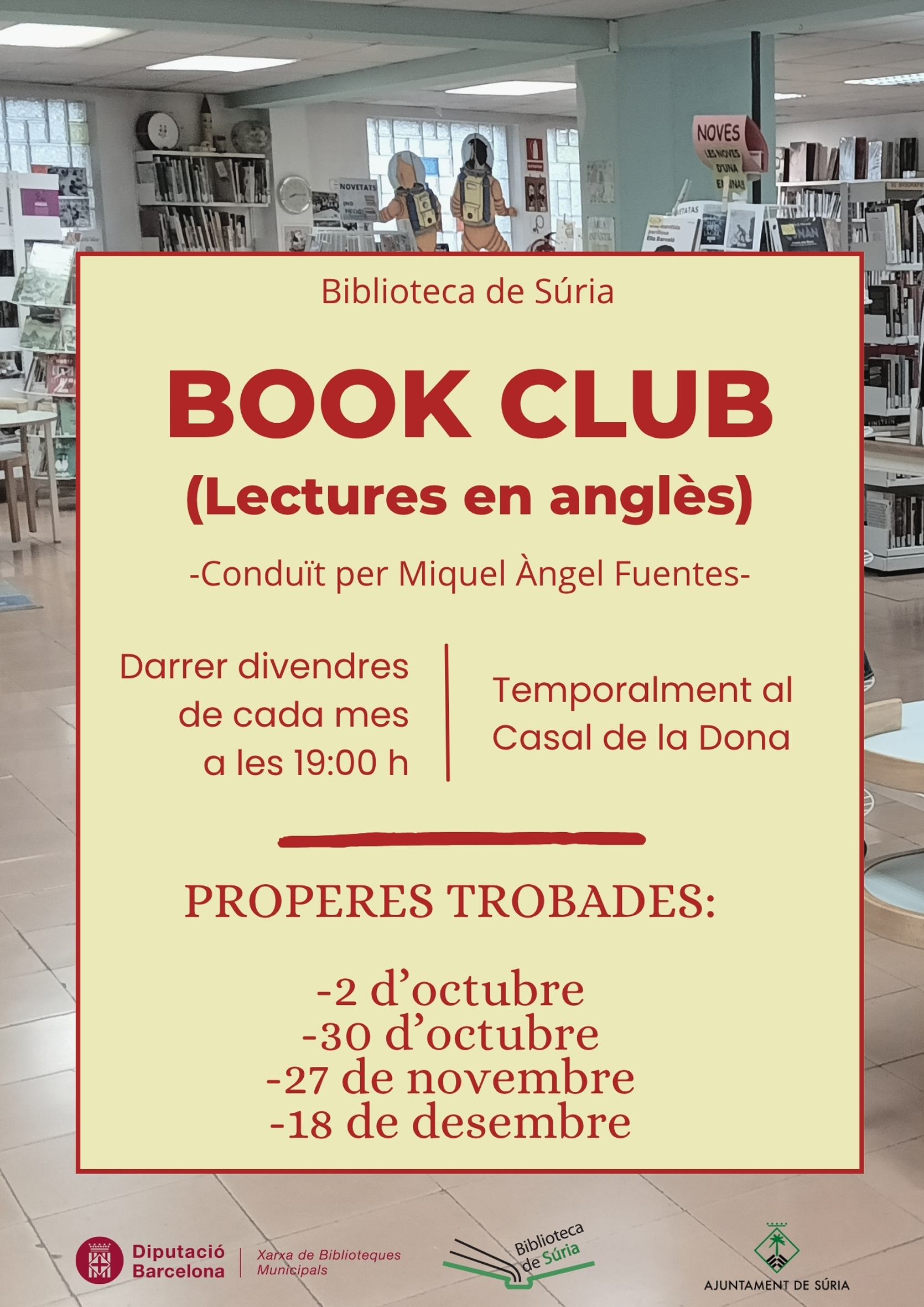 Cartell de les activitats del Club de Lectura Book Club de la Biblioteca - Del 2 d'octubre al 18 de desembre.