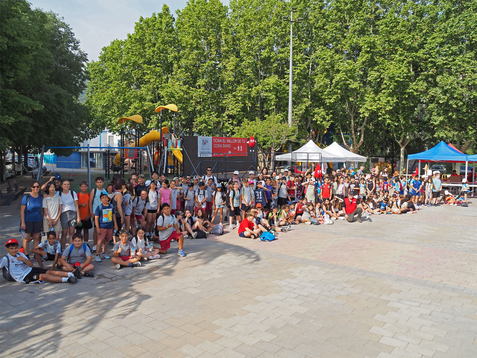 Foto de grup d'escolars participants en la caminada de la jornada de donació de sang a la plaça de Sant Joan.