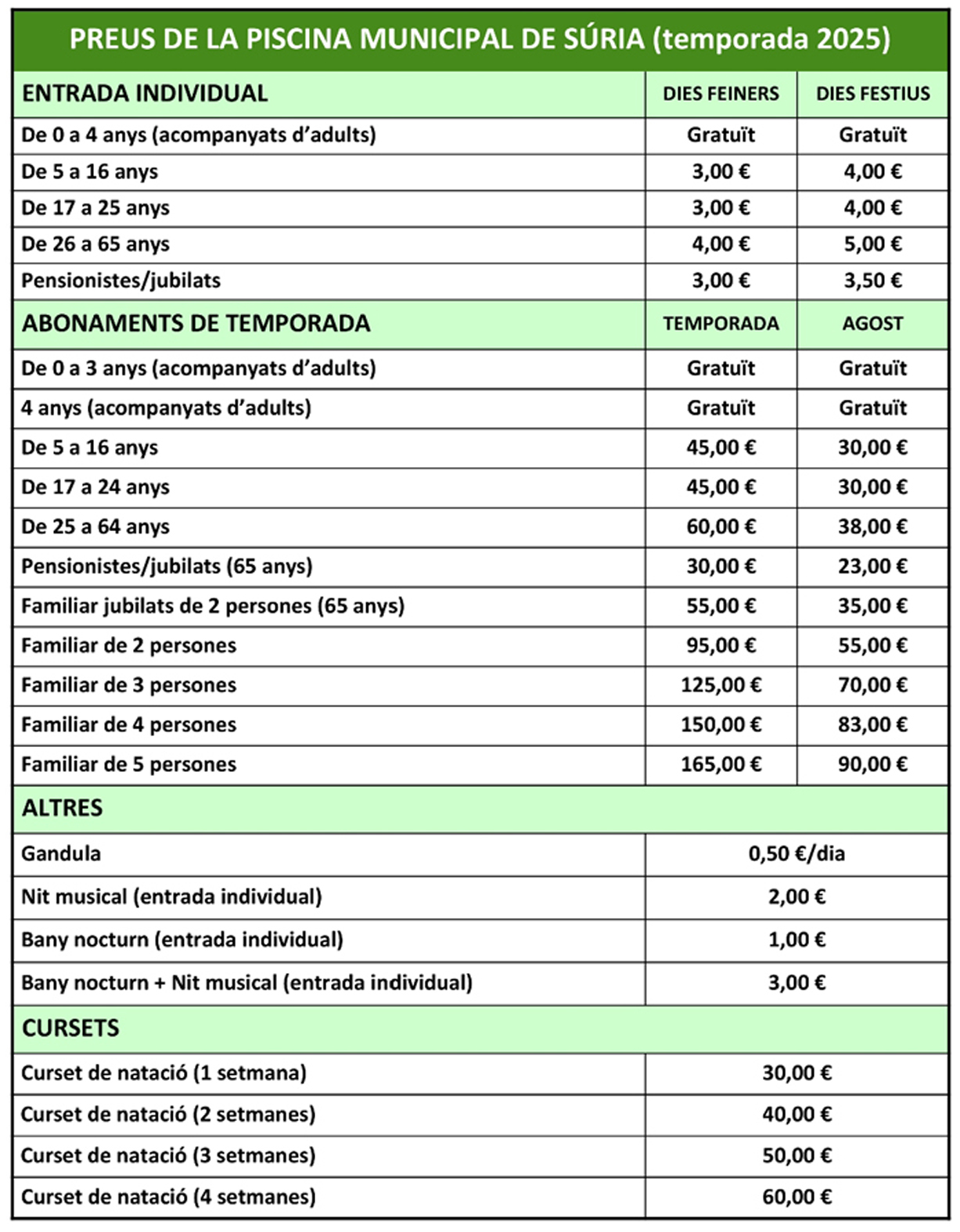 Taula de preus de la Piscina Municipal de Súria per a la temporada d'estiu 2025.