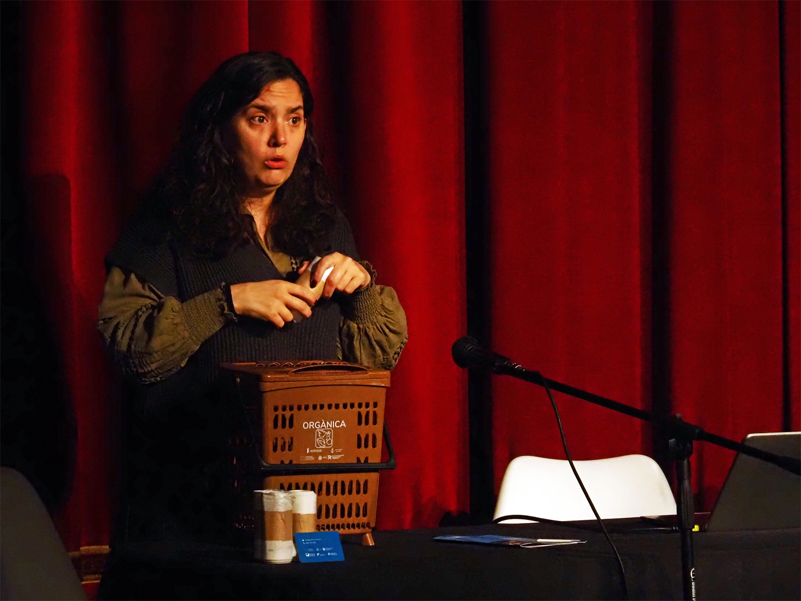 La coordinadora de la campanya informativa sobre els nous contenidors de recollida selectiva, Míriam Morell, parla durant la primera sessió informativa al Teatre del Foment Cultural.