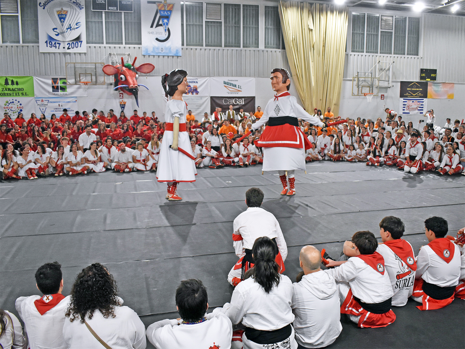 Ball dels nous gegants Miquel i Maria de les colles dels Grans i Infantil de l'Agrupaci&oacute; Sardanista durant la Trobada Caramellaire del Pavell&oacute; en les Caramelles de S&uacute;ria 2026.