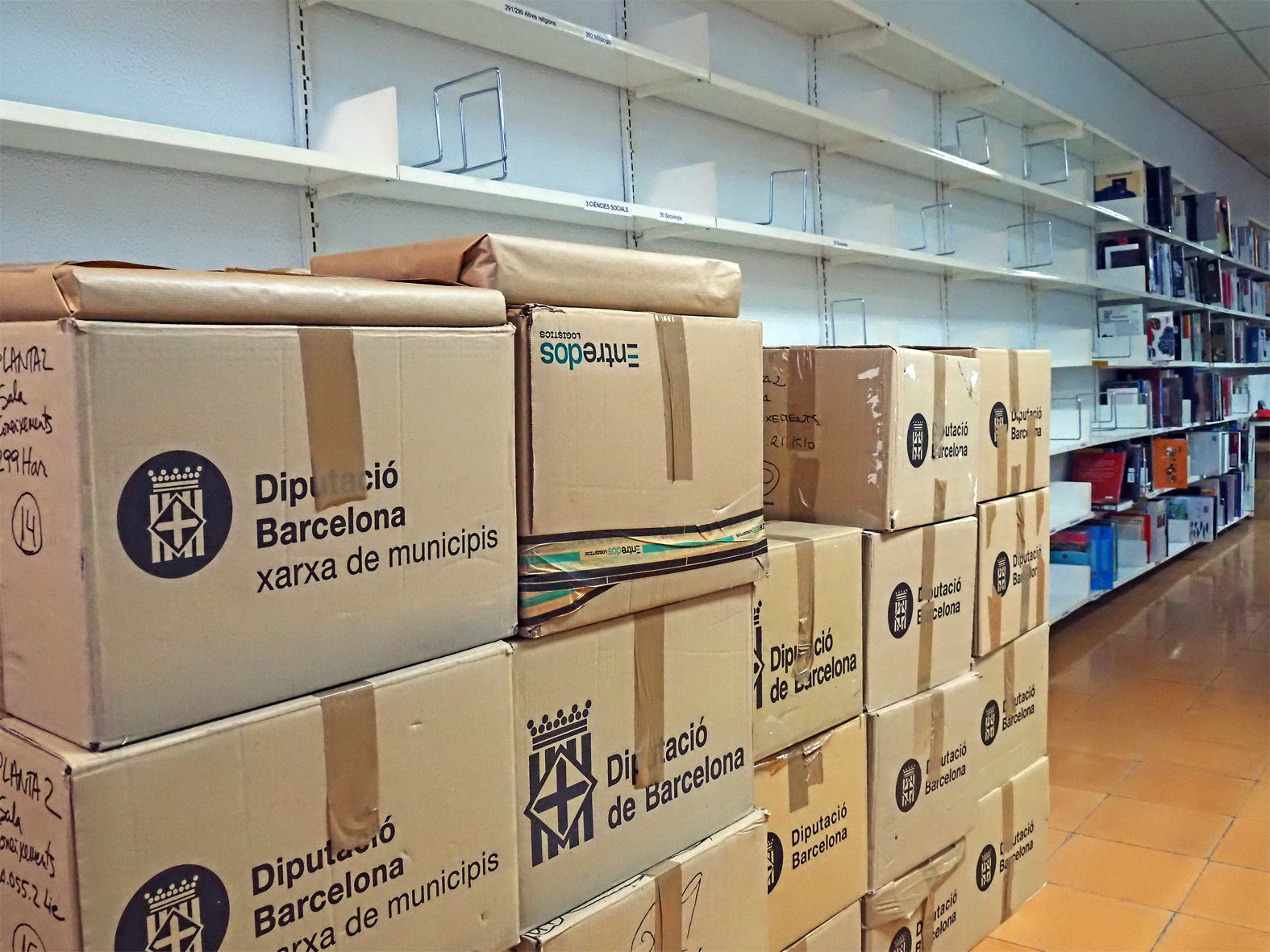 Prestatges buits i caixes amb llibres per preparar el trasllat a les instalÂ·lacions de la nova Biblioteca CalifÃ²rnia.